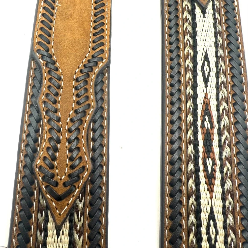 Nocona Western Leather Belt Sz 42 Brown Braided Inlay Cowboy Rodeo Silver Buckle